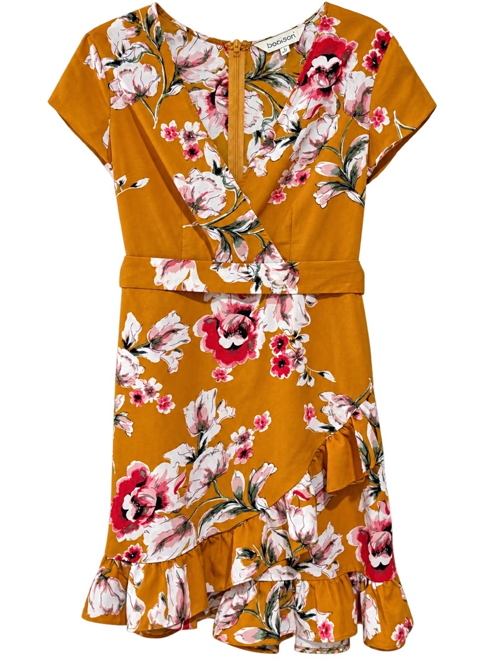 Davi & Dani Mustard Floral Faux Wrap Ruffle Dress | Size Small
